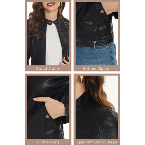 Women's Faux Leather Jackets Motorcycle PU Moto Biker Outwear Coat Jet Black - Picture 5 of 5